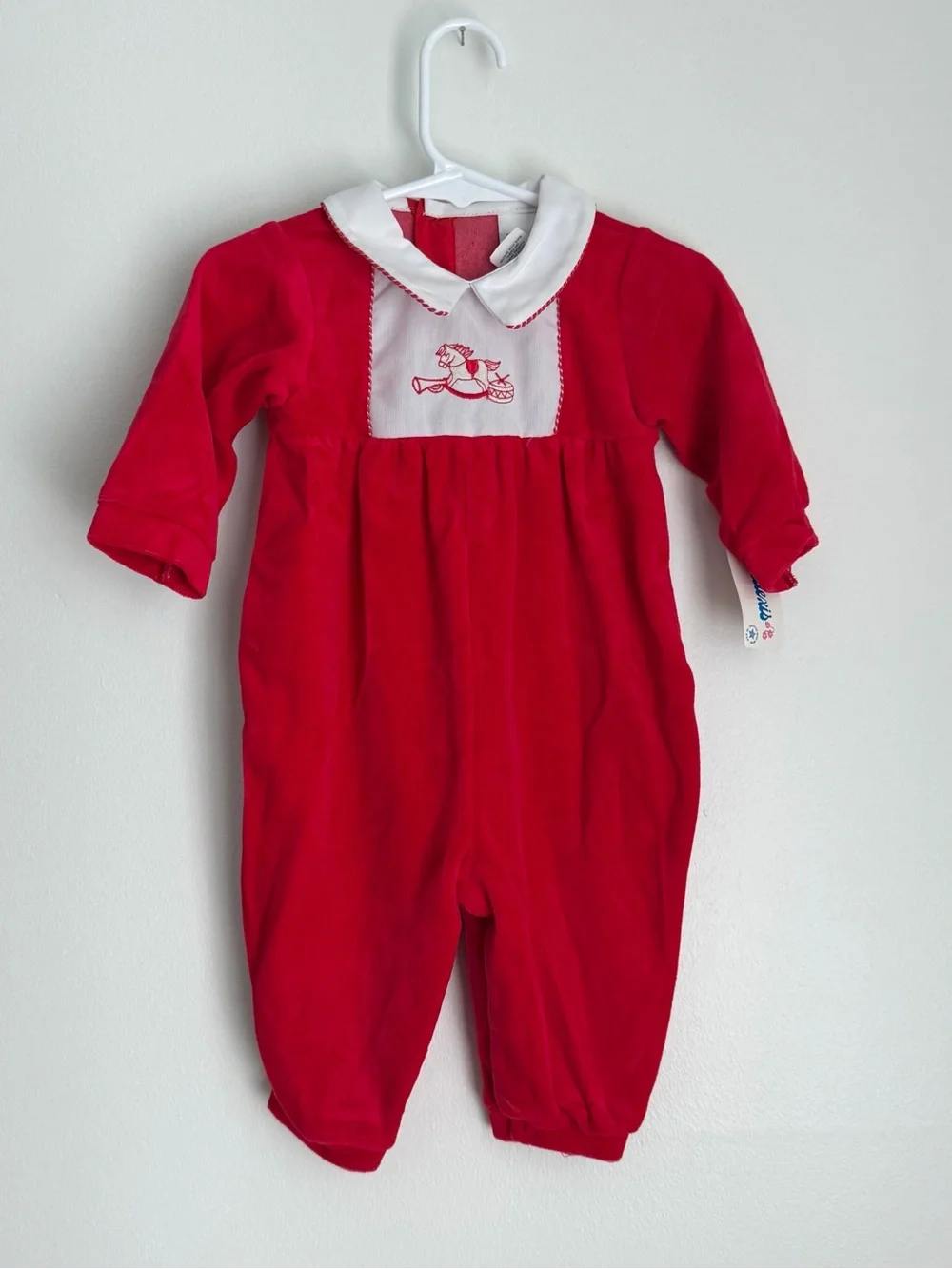 Vintage Kids Infant Red Velour Collared Romper with Embroidered Rocking Horse 6M